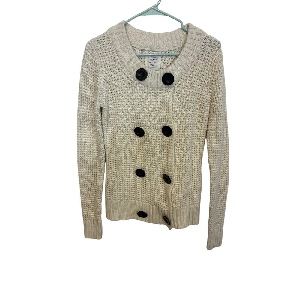 Old Navy Wool Blend Double Breasted Knit Cardigan Sweater Women's Medium Cream - Picture 2 of 6
